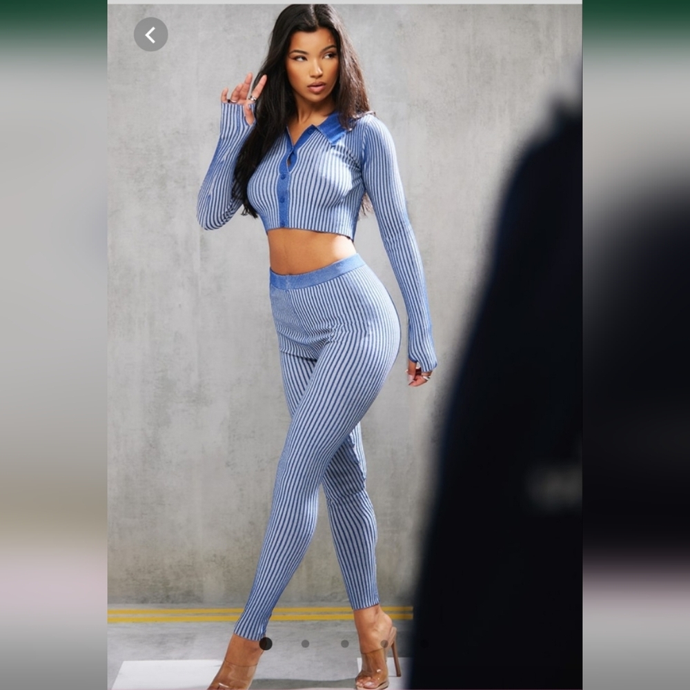 Blue Striped Ribbed Leggings Set